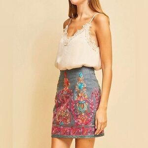 Umgee NWT Boho Embroidered Paisley High-Waist A-Line Denim Mini Skirt